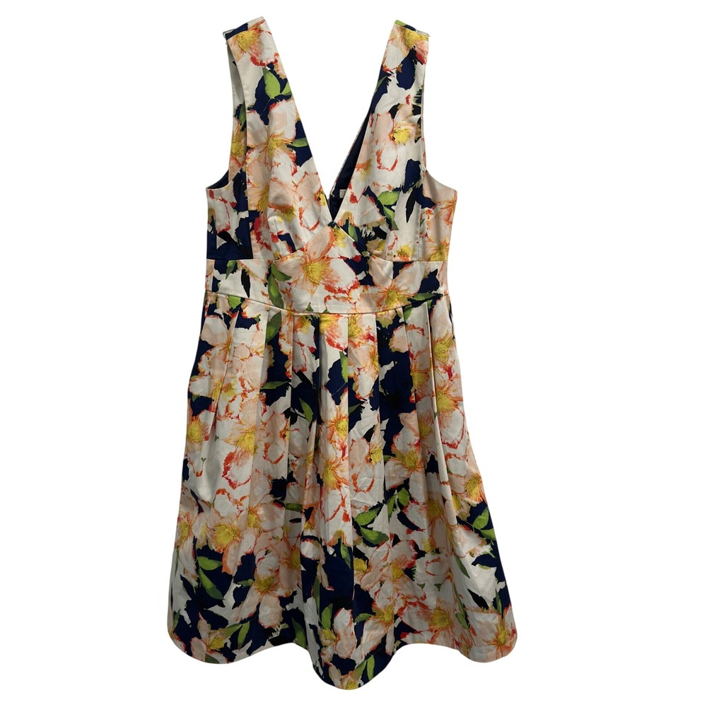 J.Crew Floral Fit and Flare Dress 6 Navy Coral Pleated Pockets Garden Party